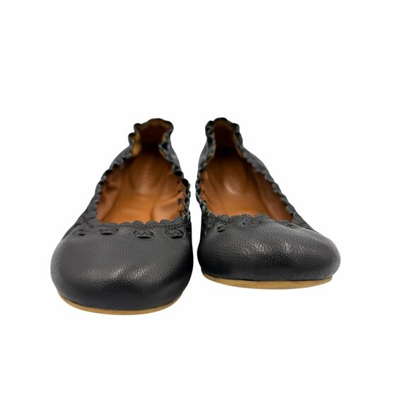 See By Chloe Jane Black Soft Leather Scallop Trim Round Toe Luxury Ballet Flats - Picture 2 of 8